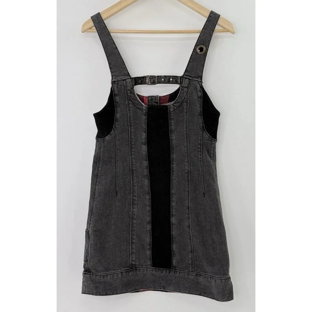 Free People Faded Black‎ Denim Distressed Mini Dress XS Grunge Goth Schoolgirl